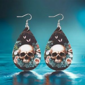 Colorful Skull Flower Pattern Teardrop Dangle Halloween Earrings Faux Fashion Je